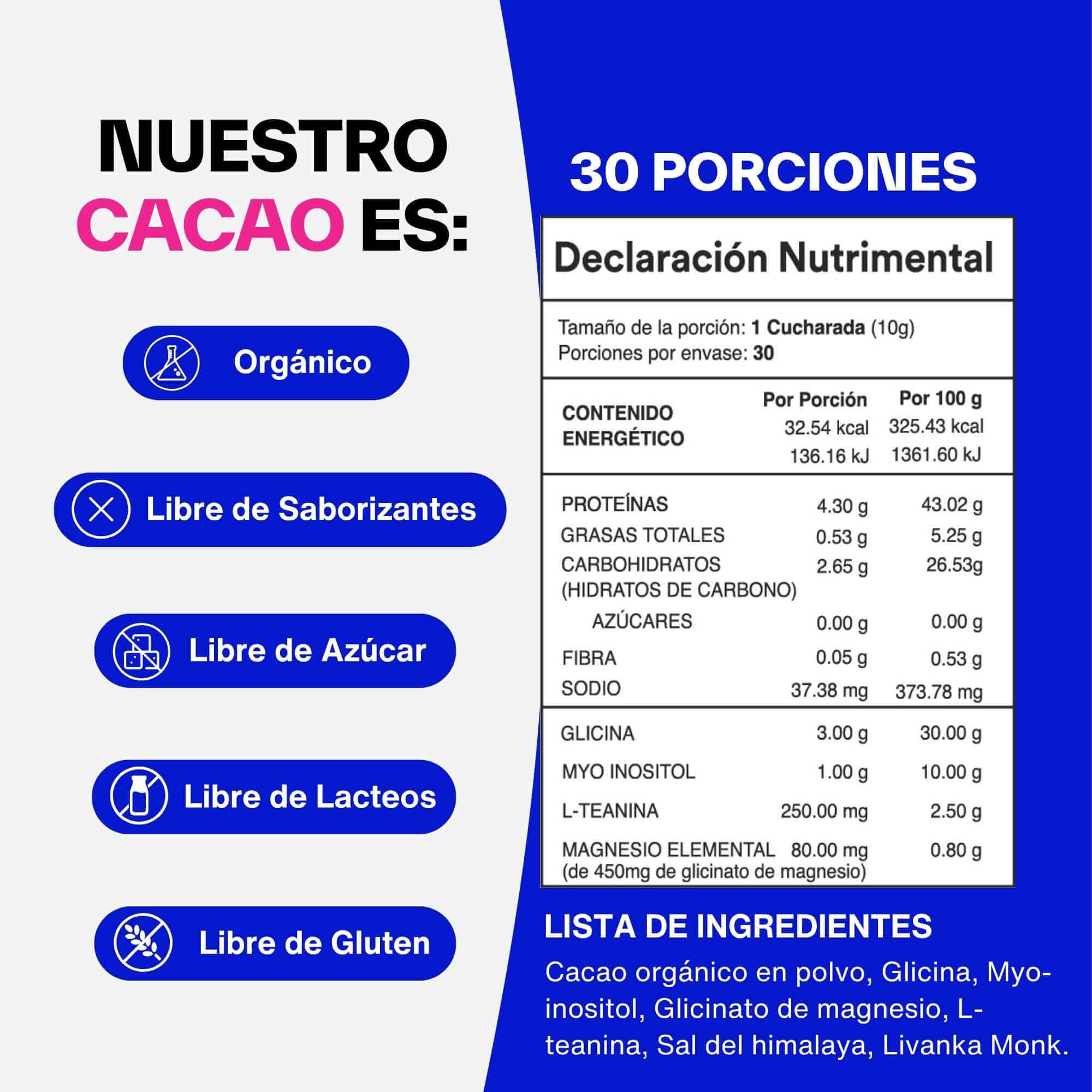 Tabla nutricional Calm Cacao - 33 calorías, sin azúcar, con magnesio y L-teanina