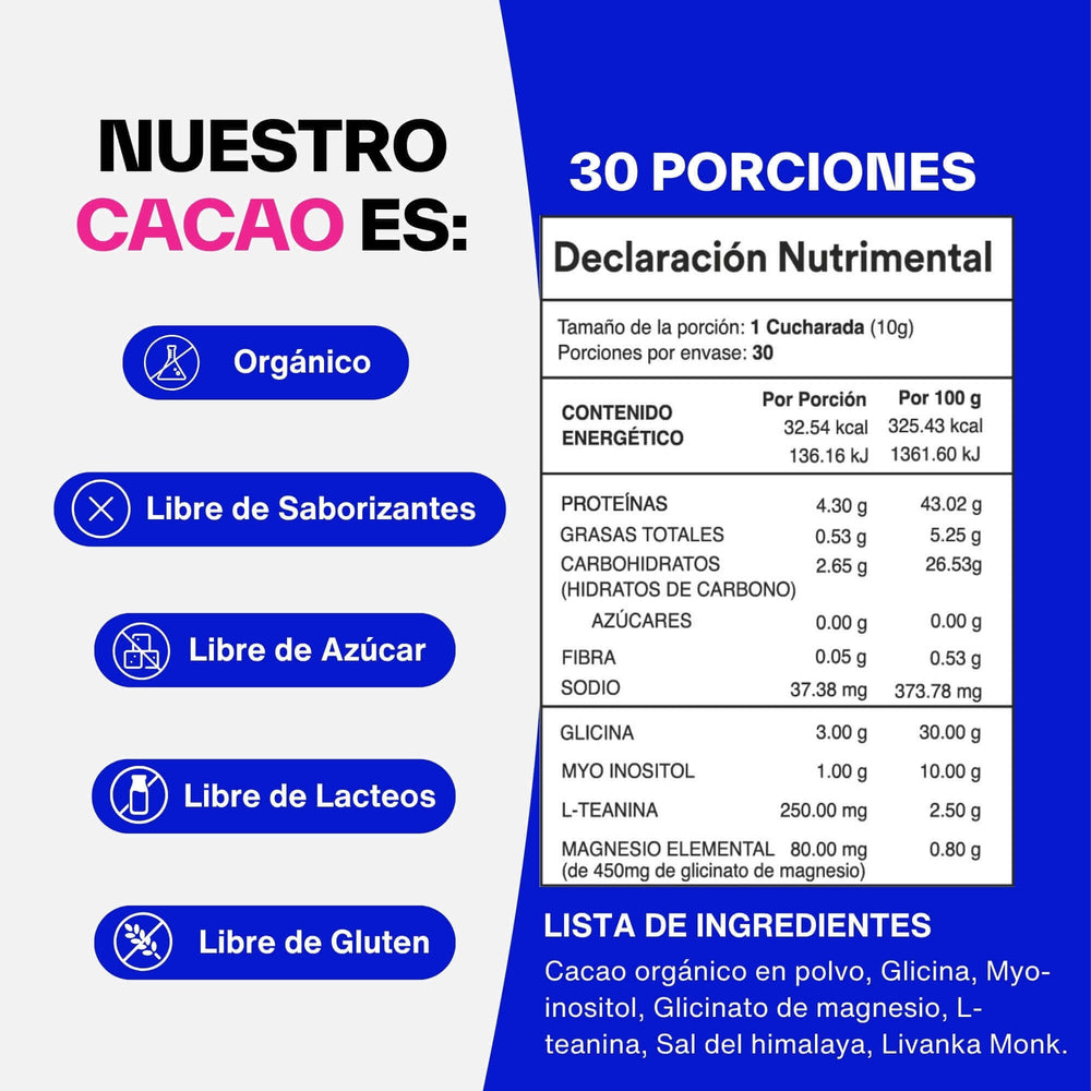 Tabla nutricional Calm Cacao - 33 calorías, sin azúcar, con magnesio y L-teanina