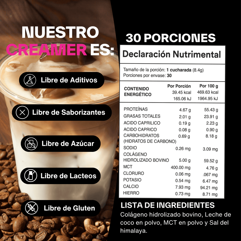 Tabla nutricional Colágeno Creamer - Sin azúcar, sin lácteos, keto-friendly