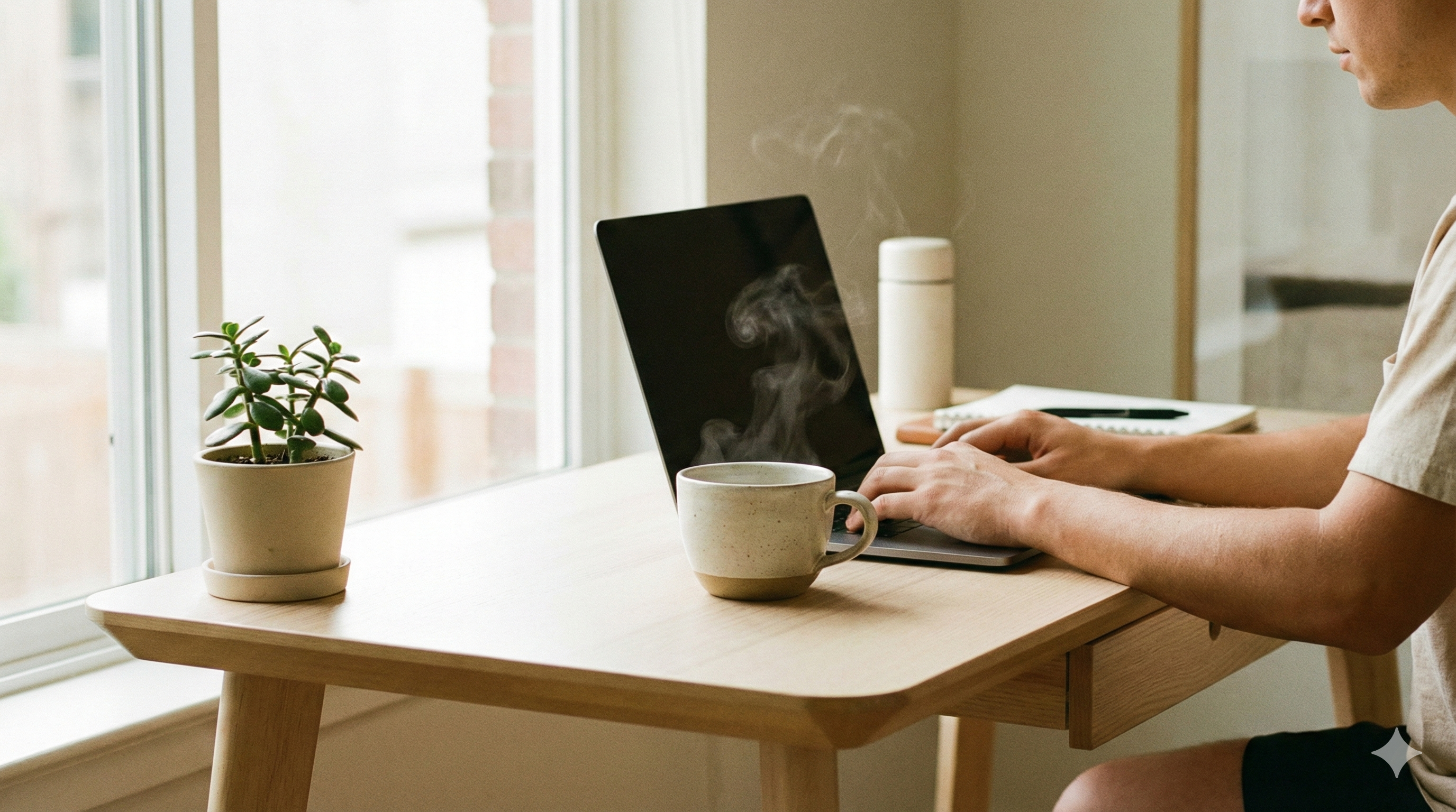 Persona trabajando enfocada con taza de café con nootrópicos en escritorio minimalista - qué es el café con nootrópicos y sus beneficios 