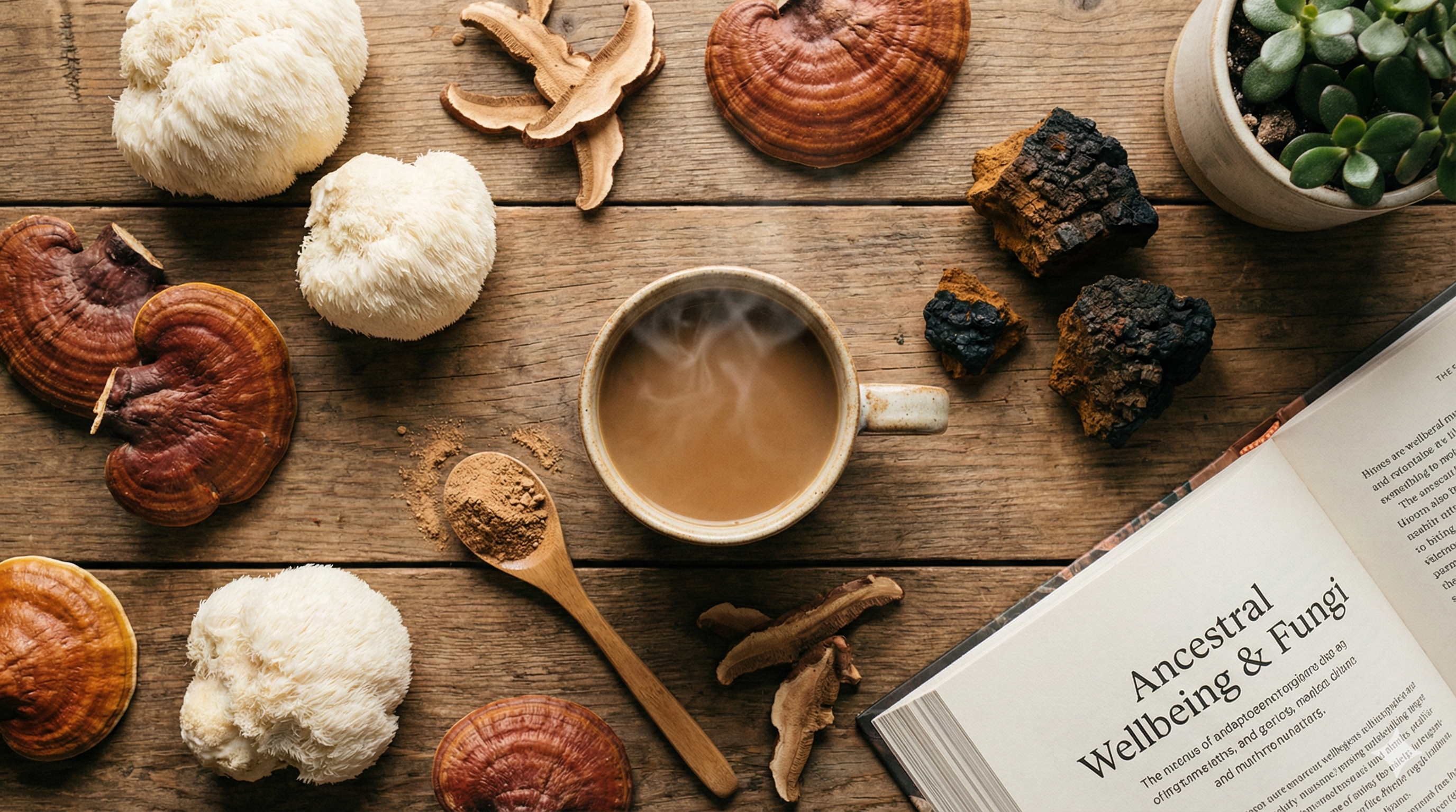Hongos adaptógenos melena de león reishi y chaga junto a taza de café - qué son los hongos adaptógenos y sus beneficios