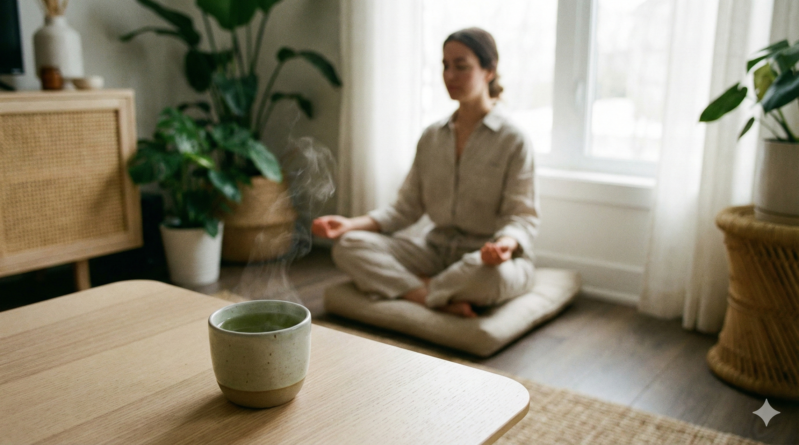 Taza de té verde humeante en ambiente sereno - L-Teanina qué es para qué sirve y beneficios