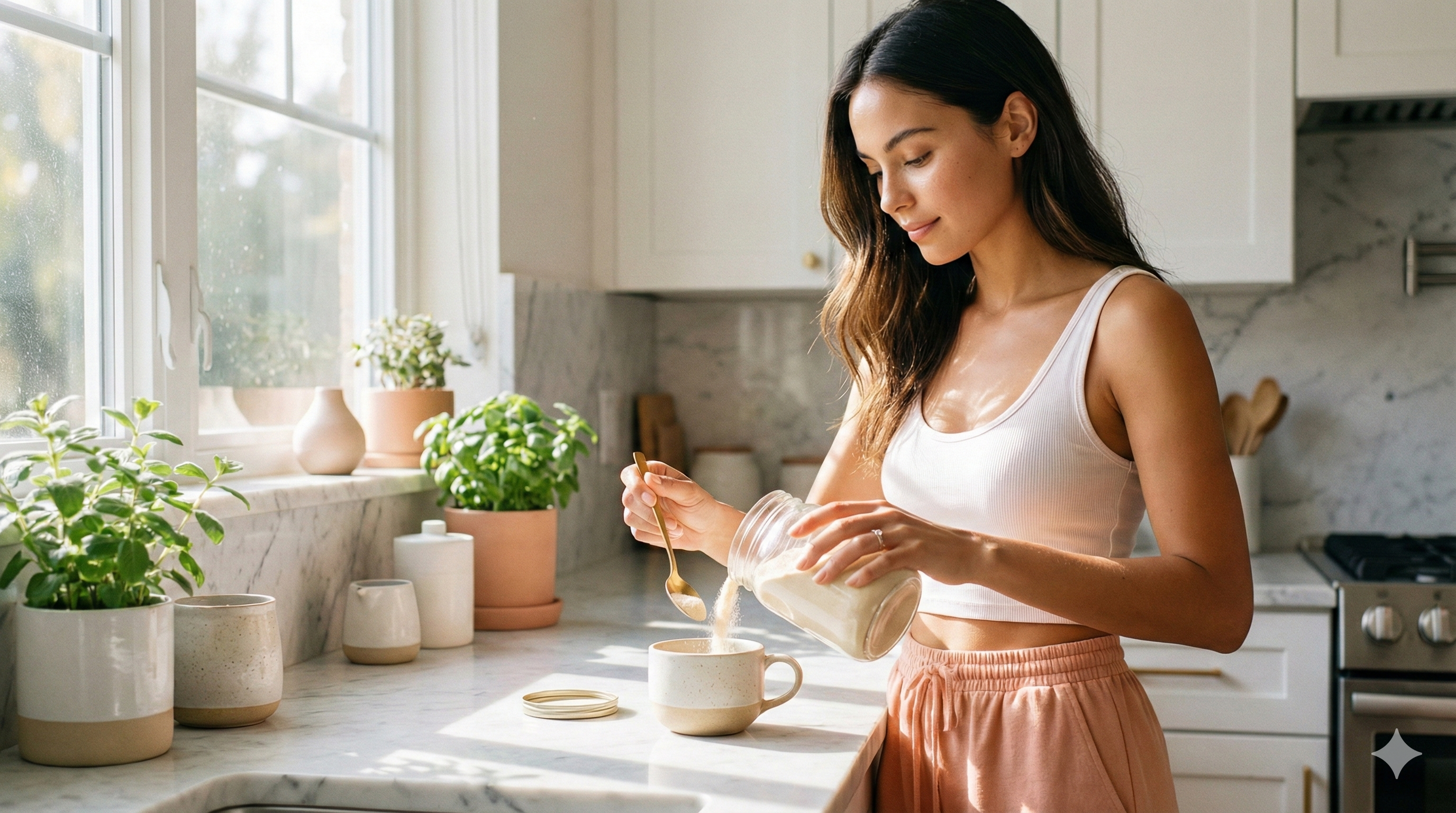  Mujer agregando colágeno en polvo a su café en cocina moderna - colágeno hidrolizado para qué sirve y beneficios para la piel