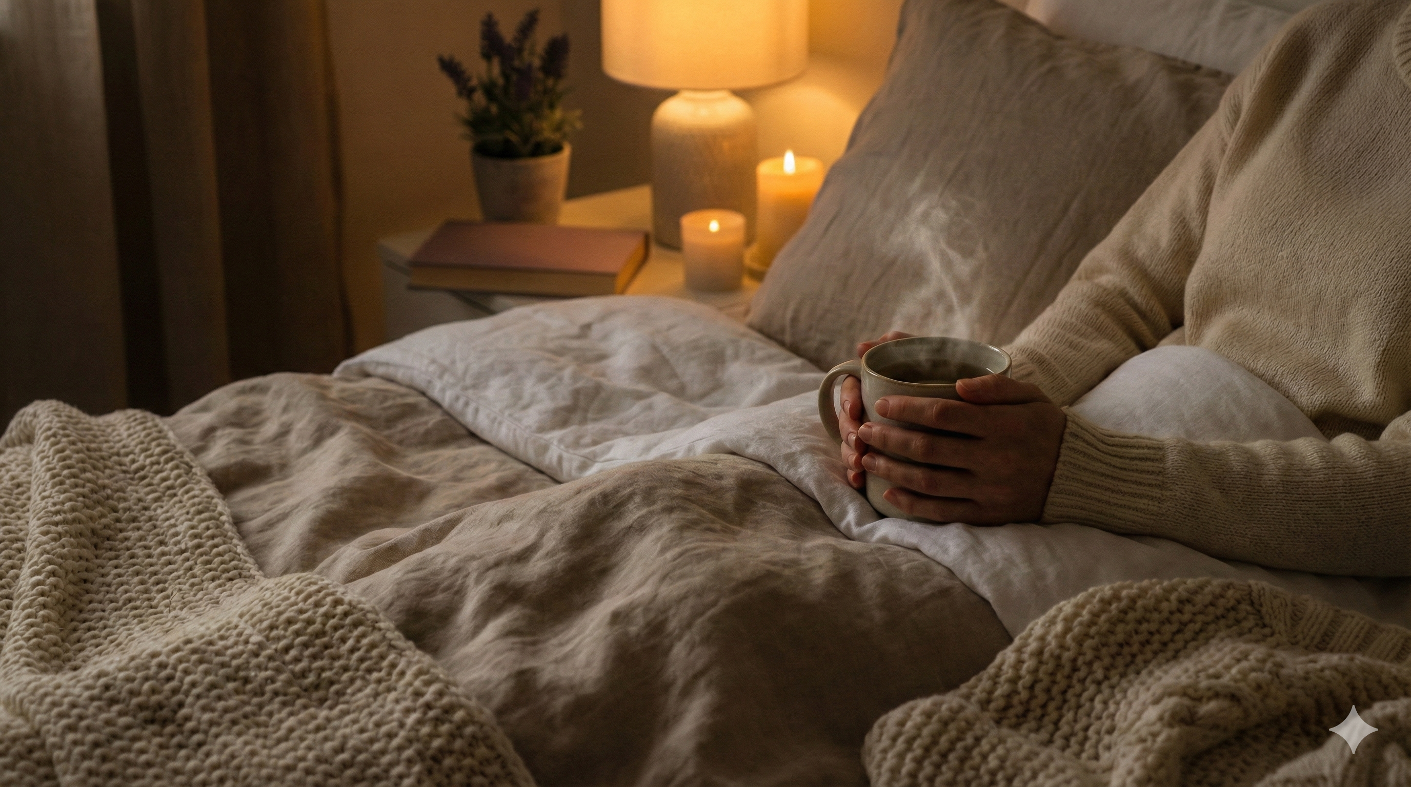 Mujer relajada sosteniendo taza de bebida caliente antes de dormir - métodos naturales para combatir el insomnio sin pastillas