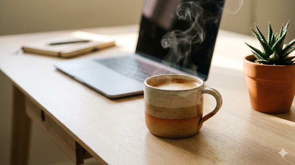 Taza de café funcional humeante en escritorio minimalista - qué es el café funcional y sus beneficios