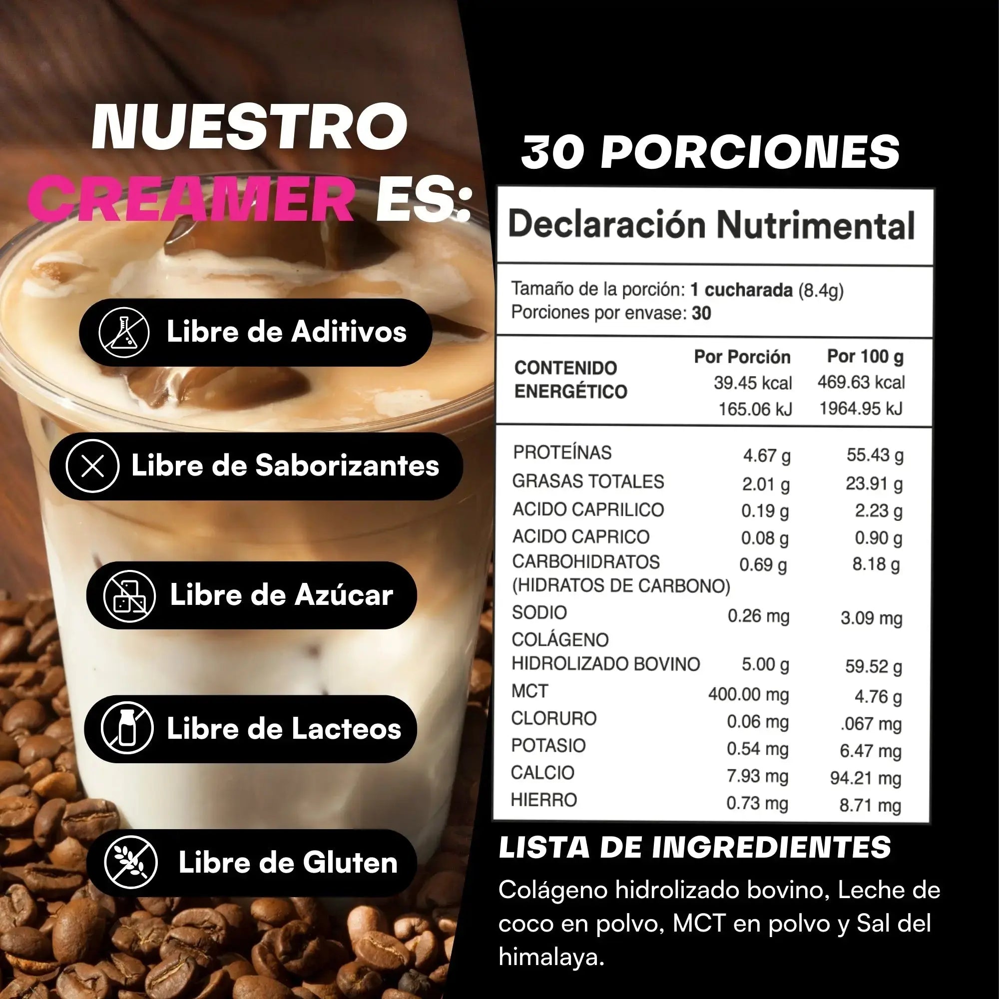 Tabla nutricional creamer de colageno