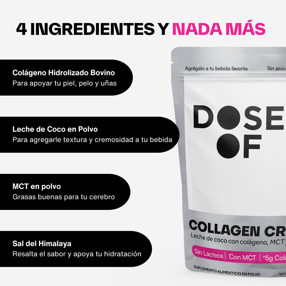 ngredientes Colágeno Creamer: colágeno hidrolizado, MCT, leche de coco, sal rosa